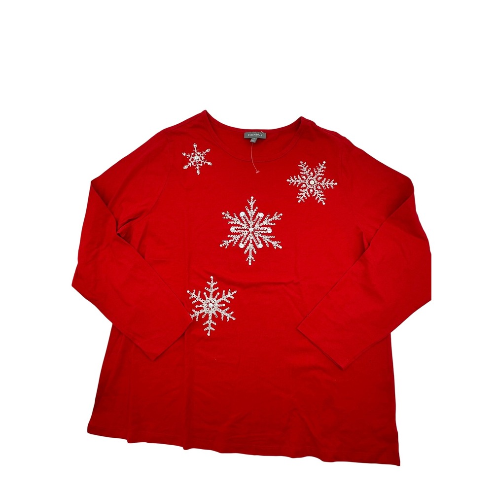 Essentials Red Snowflake Sequin Long Sleeve Holiday Top 1X